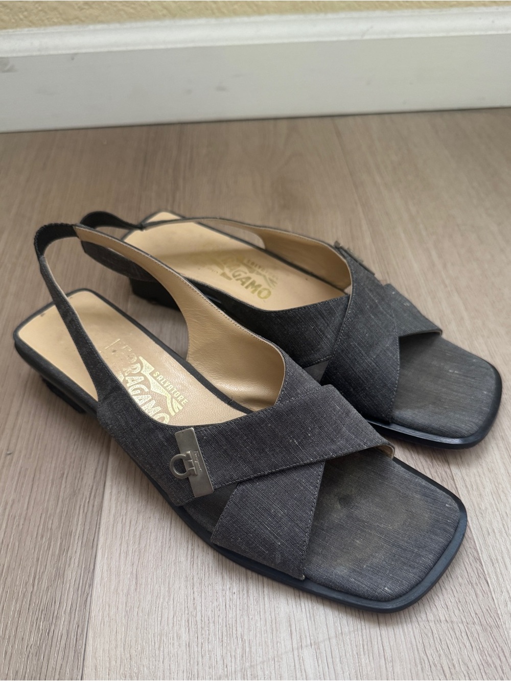 Vintage Salvatore Ferragamo Grey Cross-Strap Slingback Sandals
